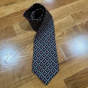 Vintage Burberrys of London Silk Tie Navy Gold Red Geometric Pattern